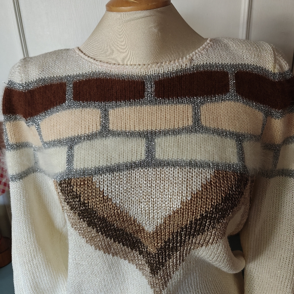Vintage sweater, metallic and angora brown cream 80s -  Med-Lg - shoulder pads